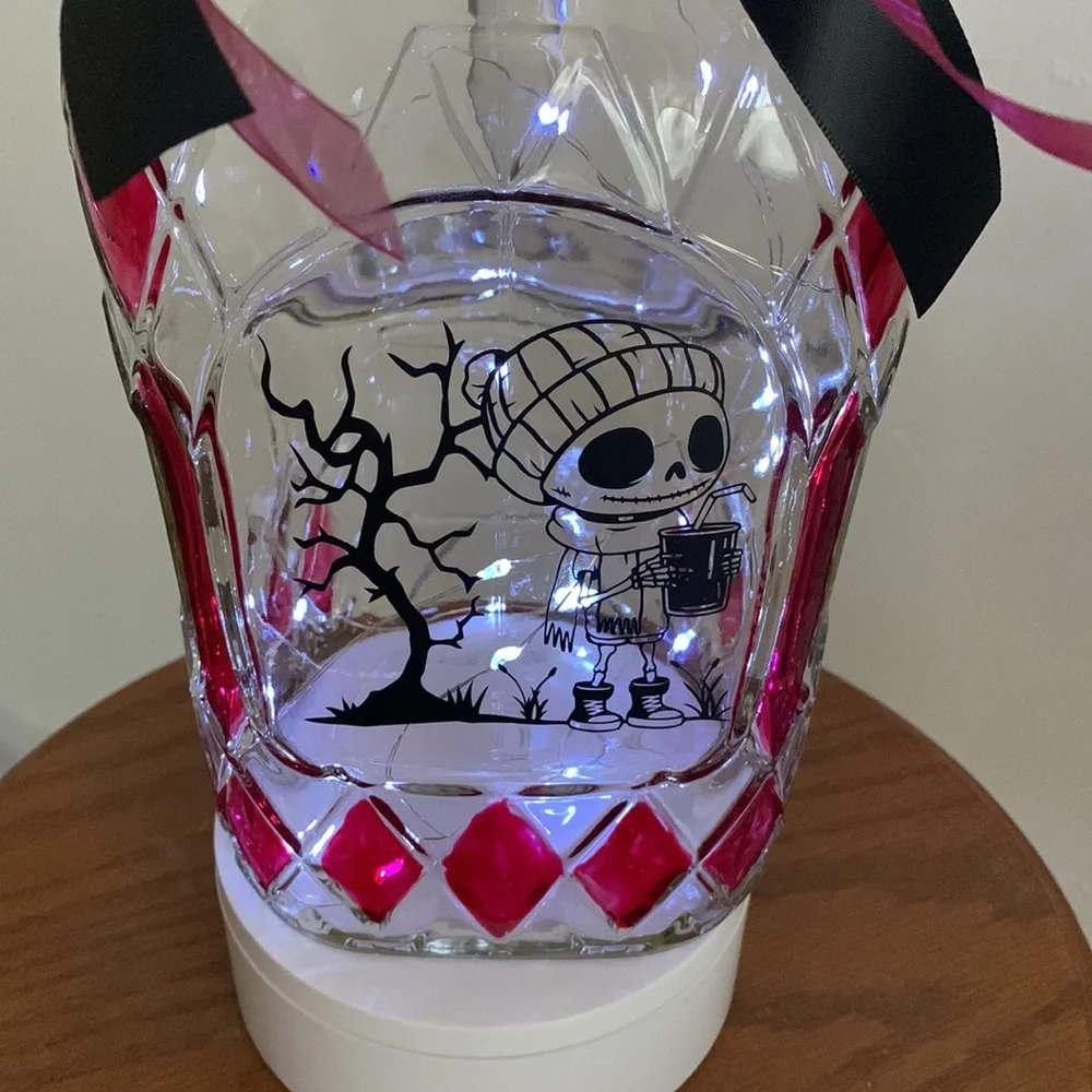 Handcrafted Caffeinated Skeleton stained glass jug lantern